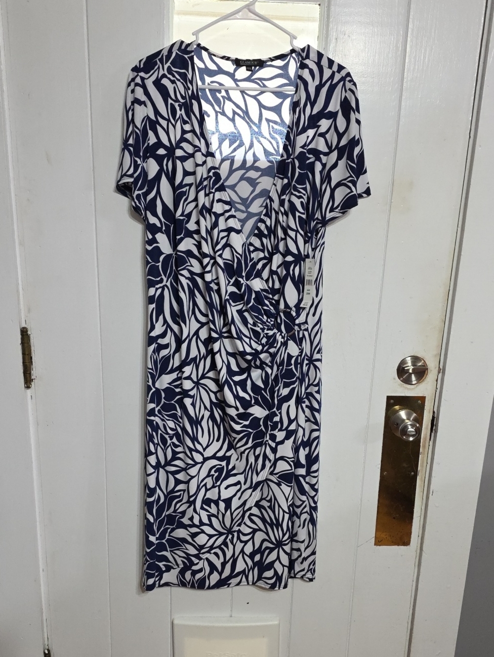 NWT Glamour Women's Wrap Style Dress Metal Ring Navy/White Stretch Comfort 20 W